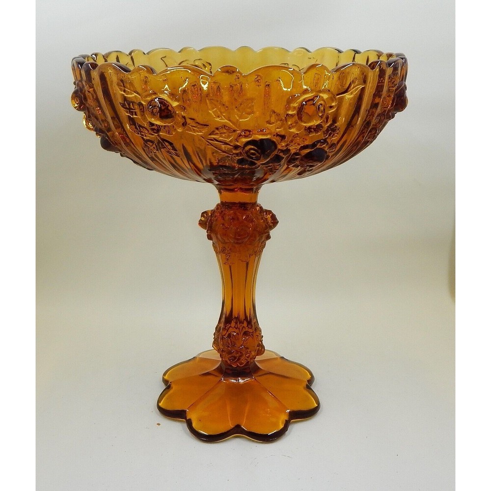 Fenton Cabbage Rose Amber Compote Pedestal Bowl Candy Dish